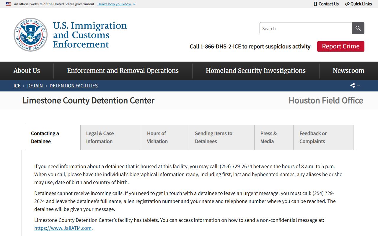 ICE Limestone County Detention Center detainee lookup facility page